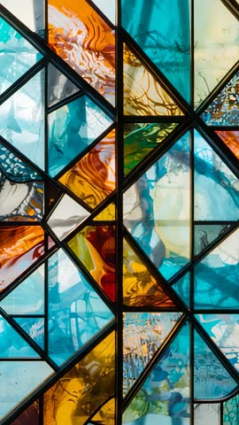 Vertical Panning Across Colorful Stained Glass Grid with Triangular Geometric Panels