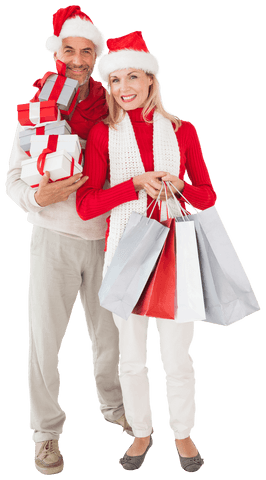 Smiling Couple in Santa Hats Carrying Gifts on Transparent Background