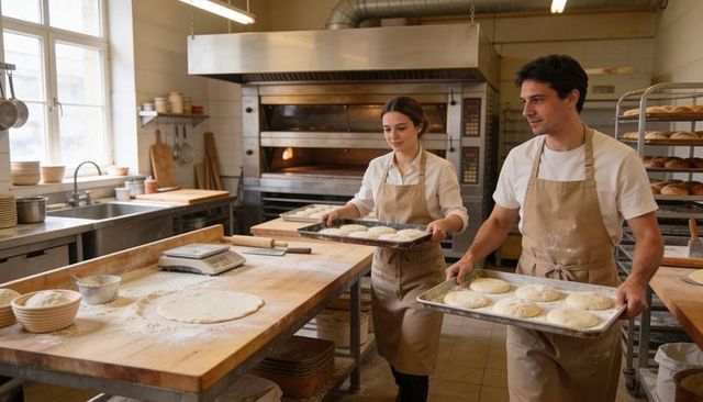 Artisan bakers carrying trays of proofing dough inside warm commercial bakery with ovens