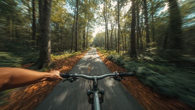 Pov cycling through sunlit forest trail with motion blur, autumn leaves and winding path
