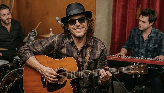 Smiling guitarist in fedora playing acoustic guitar in warm wood-paneled rehearsal with trio