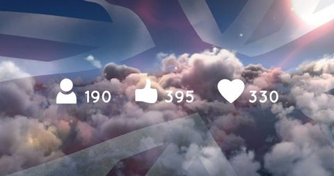 Social Media Engagement Icons Over British Flag and Cloudscape - Download Free Stock Images Pikwizard.com