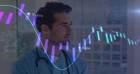 Doctor analyzing digital health data visualization on clinic glass with futuristic hud