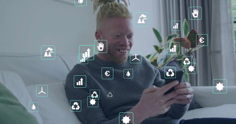 Eco-Conscious Man Using Smartphone with Sustainable Energy Icons
