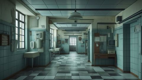 Institutional washroom corridor with wall-mounted sinks and checkered tiles