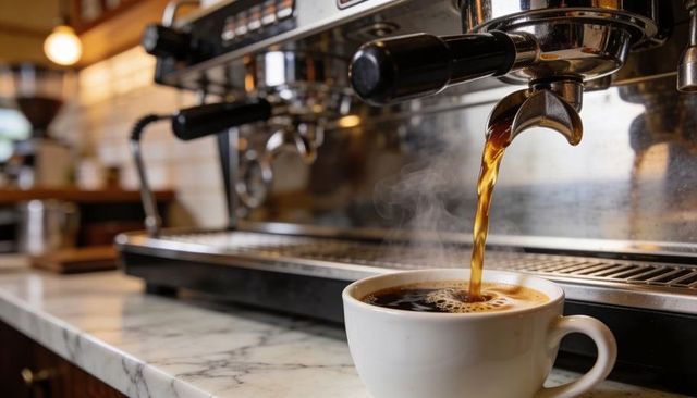 Espresso machine pouring steaming coffee into ceramic cup on marble counter, crema rising