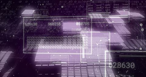 Purple futuristic data interface with translucent panels, keyboard overlay and binary grid