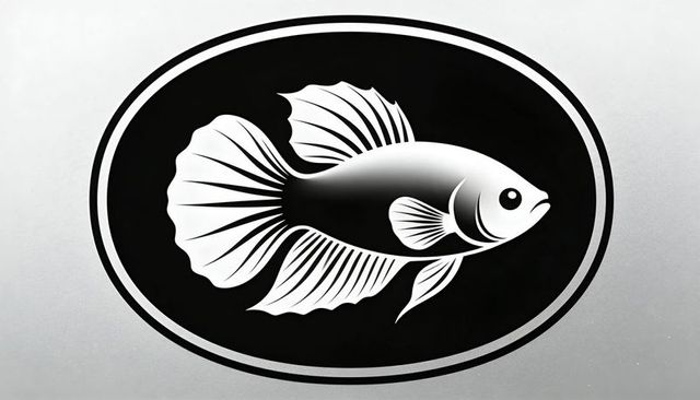 Monochrome betta fish emblem on brushed metal oval badge with double border