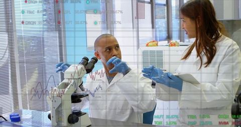 Scientists collaborating in modern laboratory with data analysis overlay