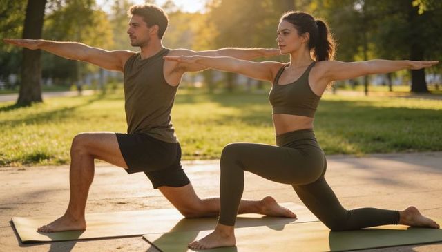 Couple practicing yoga on sunlit park pavement in matching olive activewear for wellness