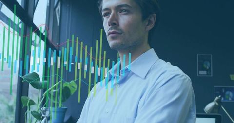 Business Analyst Gazing Out Window with Financial Charts Overlay in Modern Office