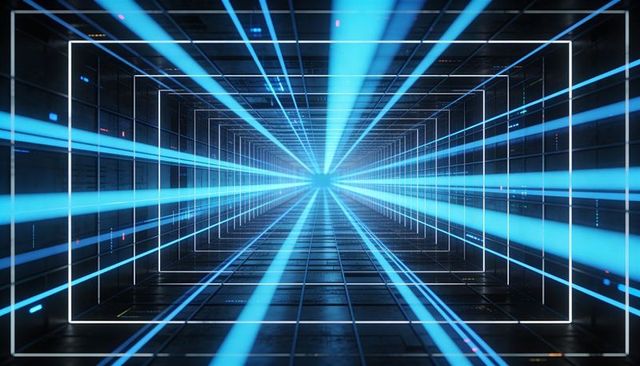 Futuristic Neon Tunnel with Converging Cyan Light Beams and Glowing Rectangular Frames