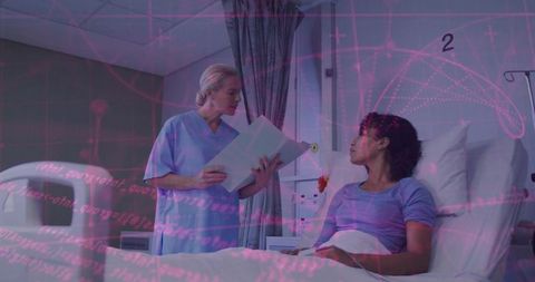 Nurse Reviewing Patient's Chart in Hospital Room with Tech Overlay