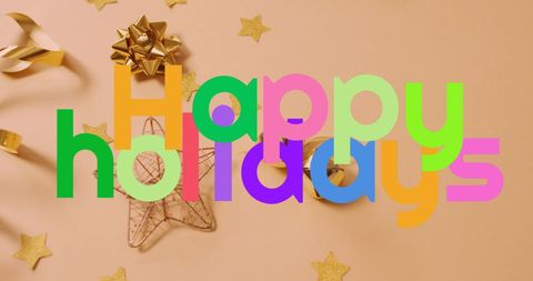 Colorful Happy Holidays Text with Christmas Decorations