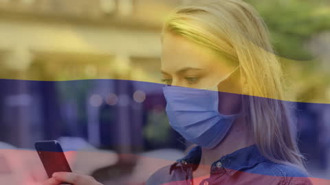 Woman in Face Mask with Colombian Flag Overlay During Pandemic