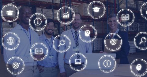 Diverse Team Collaborating in Modern Warehouse Setting with Digital Icons - Download Free Stock Images Pikwizard.com