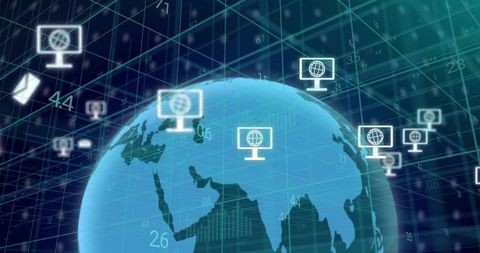Global network visualization showing rotating digital globe, data grid, connected devices