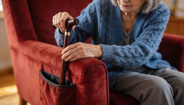 Senior woman holding wooden cane resting in red armchair pocket wearing blue cardigan
