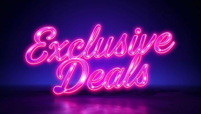 Glowing neon exclusive deals sign casting magenta reflection on glossy floor