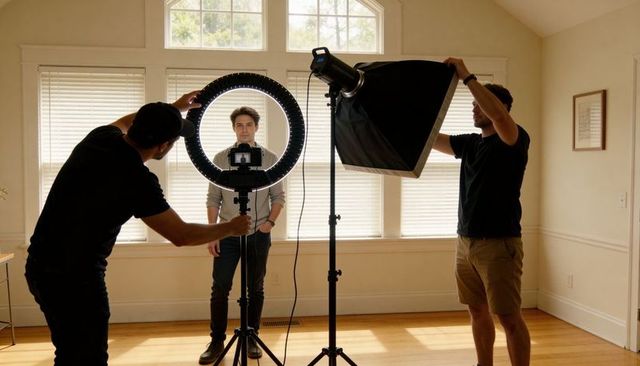 Team Adjusting Ring Light and Softbox During Headshot Session for Personal Branding