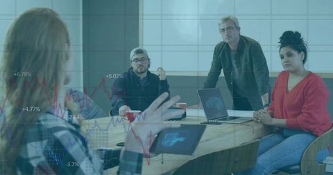 Collaborative Team Meeting Analyzing Financial Graphs with Data Trends