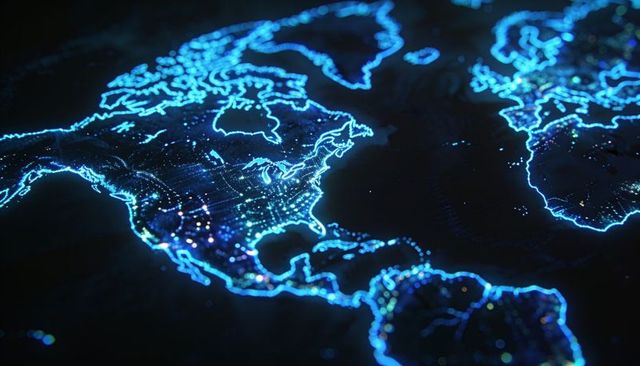 Neon network map of north america and atlantic holographic data visualization connectivity