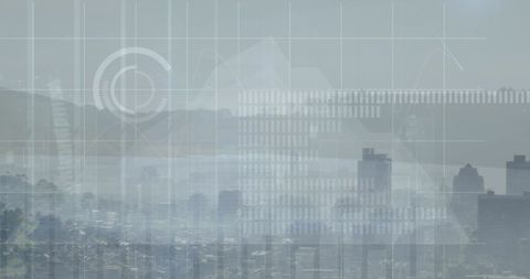 Futuristic Digital Interface with Foggy Cityscape Background