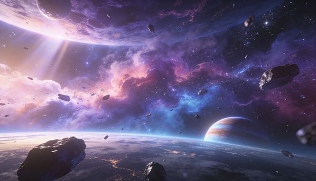 Epic cosmic panorama displaying planetary limb, banded gas giant, nebula and drifting asteroids