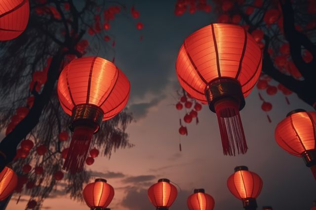 Red lanterns glowing brightly against a night sky, commonly used during traditional festivals. Ideal for illustrating cultural celebrations, festive posters, greeting cards revering Asian heritage, and event promotions.