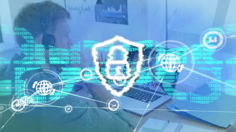 Digital Lock Animation Over Man Using Laptop for Cybersecurity Concept