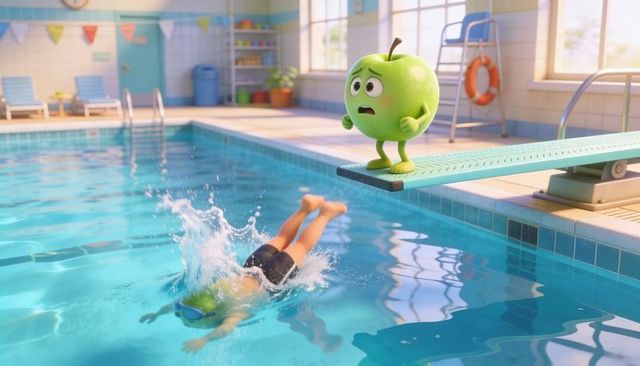 Anxious green apple mascot standing on diving board watching child diving into pool
