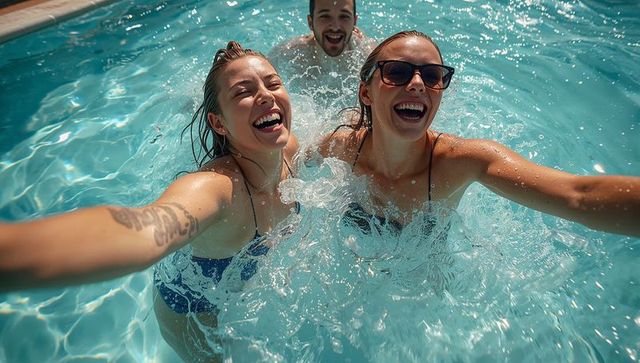 Friends taking selfie in sunlit pool, splashing water and laughing in bikinis, smiling