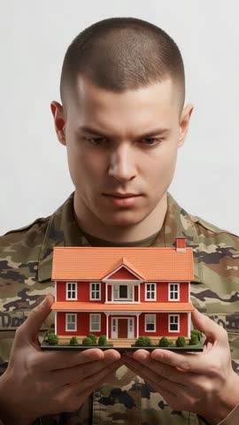 Soldier in Camouflage Holding Model House, Looking Down then Lifting Gaze to Camera