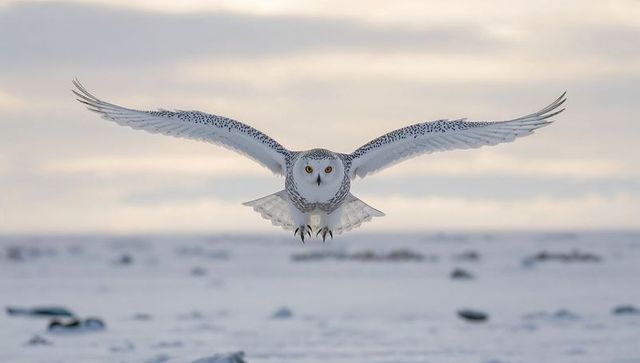 Snowy owl gliding low over arctic tundra with wings outstretched and piercing yellow eyes
