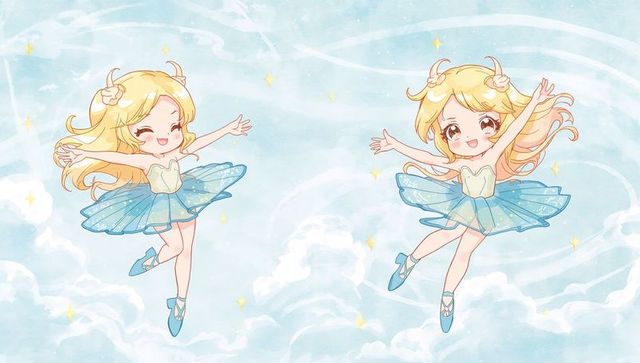 Leaping chibi ballet twins twirling midair in pastel cloud sky with golden stars and glitter tutus
