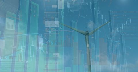 Futuristic Financial Data Overlay with Wind Turbine