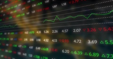 Live digital stock market ticker displaying green uptrend line, red loss indicators, neon