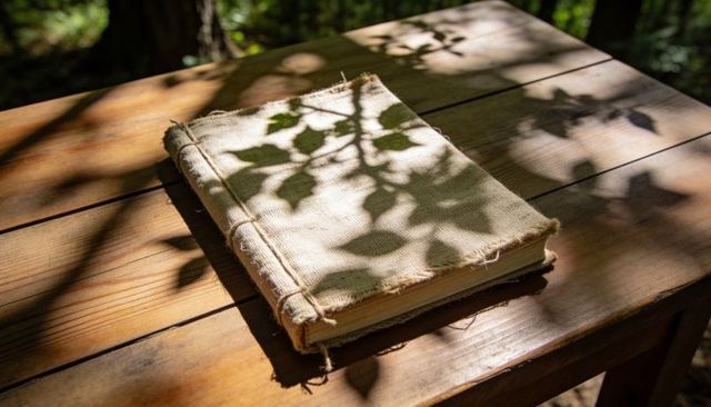 Sunlit cloth-bound journal on wooden table casting crisp leaf shadows in forest light