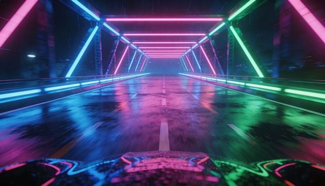 Nighttime neon bridge tunnel featuring wet reflective road and hood reflections
