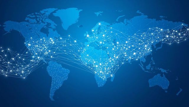 Digital world map with glowing network connections on blue background