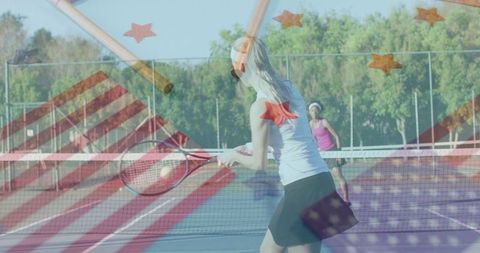 Tennis Player Hitting Backhand with Vibrant Stars and Stripes Overlay