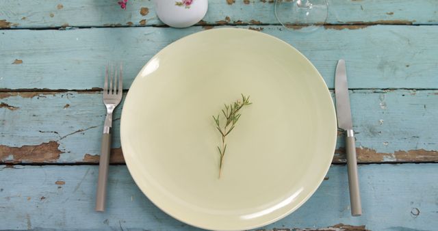Minimalist dining table setup featuring a plate with a sprig of rosemary as a garnish. The table surface is a weathered blue wood, evoking a rustic feel. Complete with a fork and knife on either side of the plate, and a wine glass in the background. Ideal for use in food blogs, culinary arts, restaurant decor inspiration, or simple lifestyle themes.
