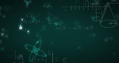 Digital green chalkboard with mathematics and science formulas