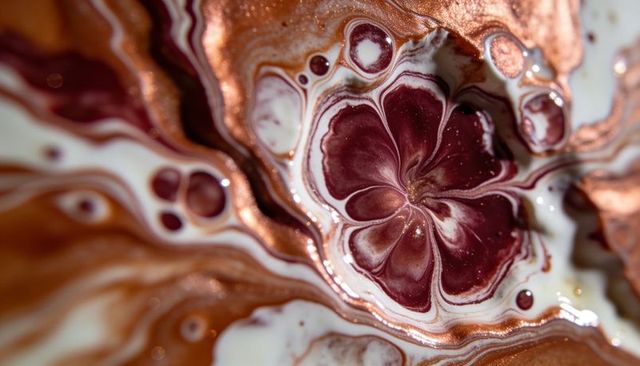 Swirling maroon floral pour with metallic copper and cream resin macro texture