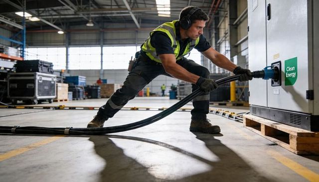 Warehouse technician connecting power cable to clean energy cabinet for renewable power