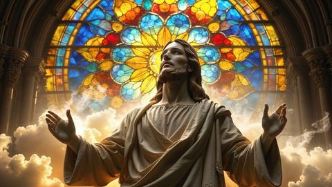 Sacred statue of jesus illuminated in majestic cathedral with sunburst stained glass