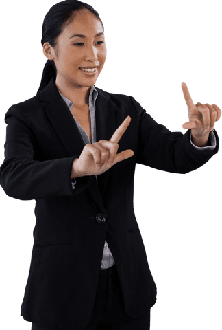 Smiling Businesswoman Making Transparent Finger Frame Gesture