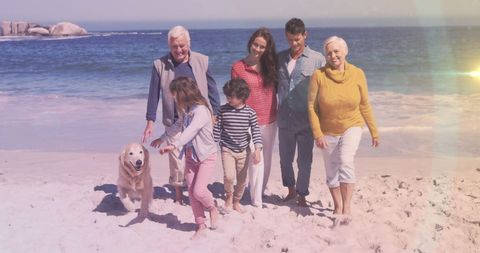 Happy Multigenerational Family Walking on Sunny Beach