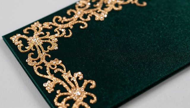Emerald velvet panel with gold filigree rhinestone embellished border