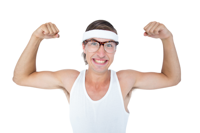 Transparent Background Funny Geeky Hipster Flexing Muscles in Sportswear - Download Free Stock Videos Pikwizard.com